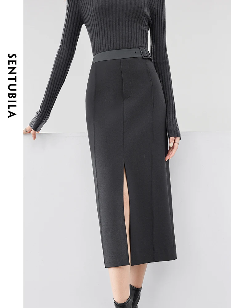 SENTUBILA Dark Grey High Waist Straight Skirt Woman 2024 Spring Solid Split Belt Women's Midi Skirts Female Clothing 141Q52705