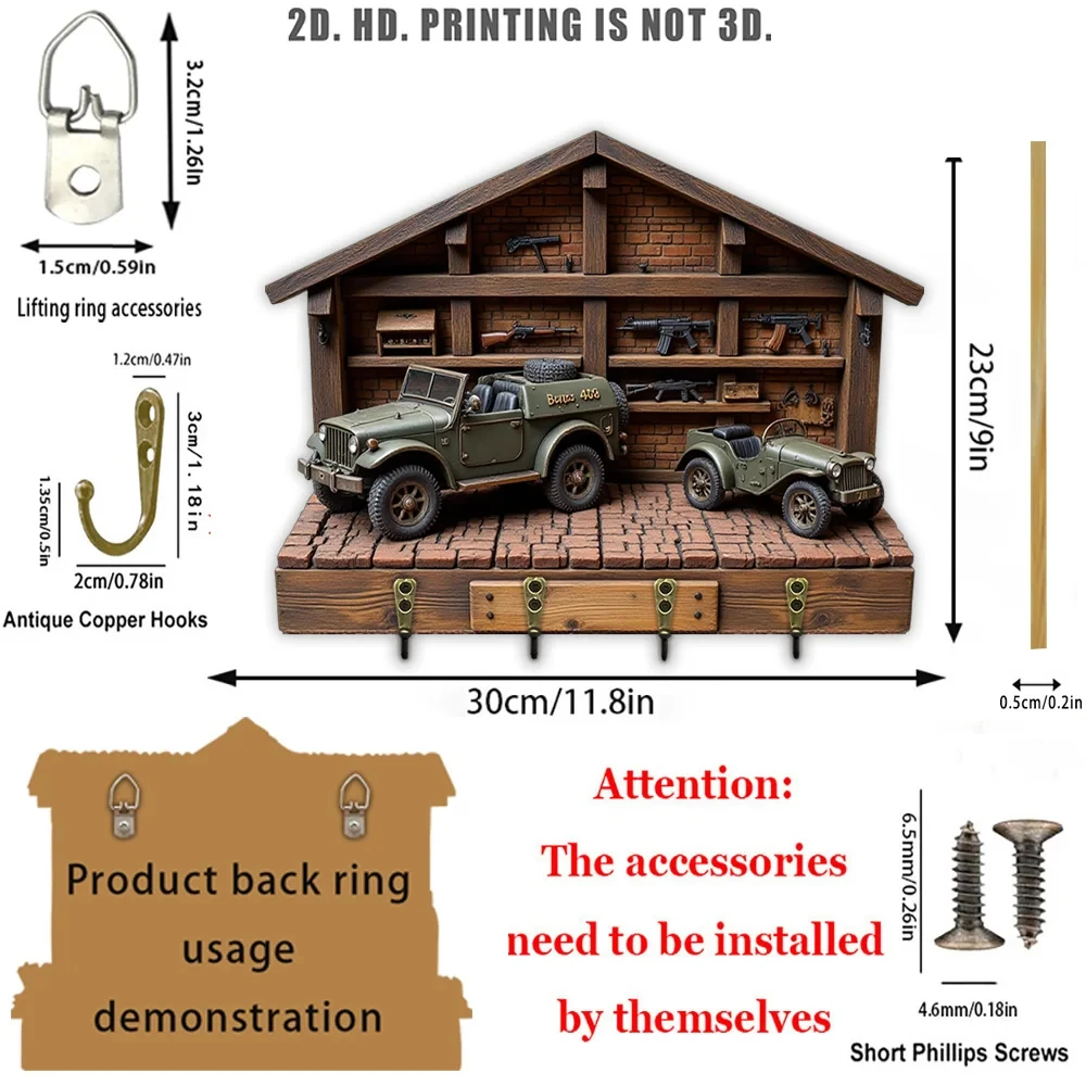 2D Flat, 1pc, Military Model Key Hanger, Wooden Multi-functional Home Key Hanger with Four Metal Hooks, for Wall Decoration,