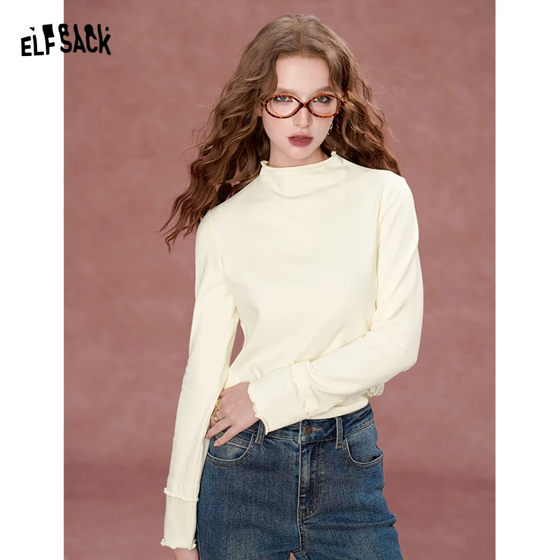 

ELFSACK 2024 Autumn New Arrivals Casual basic all-match half-high collar bottoming shirt T-shirt for women