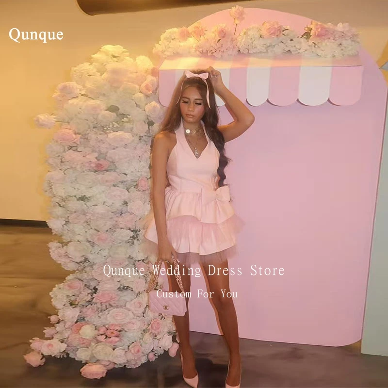 

Qunque Sexy Pink Short Evening Dress Halter Tiered With Bow Formal Occasion Dresses Above Knee Women Prom Party Gowns Customized