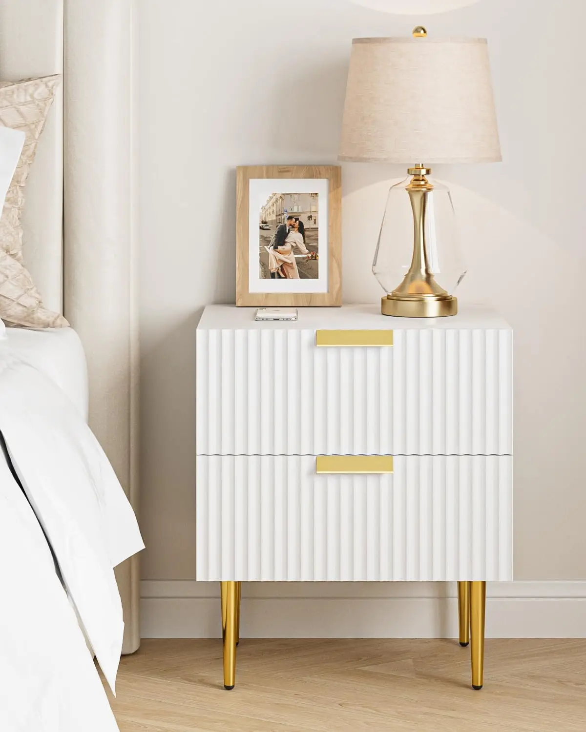 

Nightstand, Bedside Table With Gold Frame,White Night Stand, End Table With 2Drawer, Mid Modern Bedside Table, Dresser For