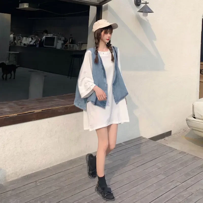 الدنيم سترة تي شيرت مجموعات النساء أزياء الصيف تصميم فضفاض الترفيه بسيط الطلاب كل مباراة اليومية الكورية نمط الصلبة الكلاسيكية الجديدة