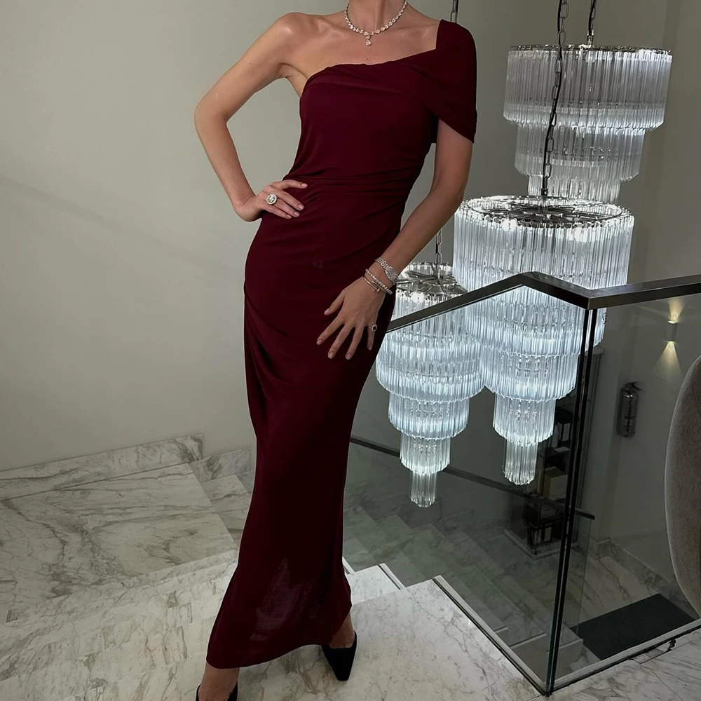 Straight One Shoulder One Shoulder Short Sleeves Burgundy Graceful and Fashion Party Gowns Pleats Custom Size Saudi Arabia 2024