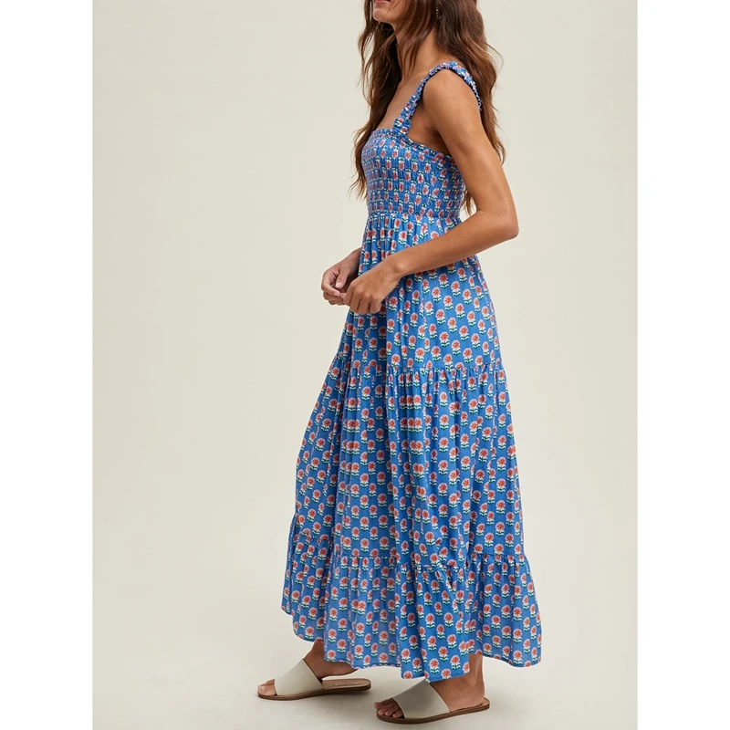 Combhasaki Abito da donna casual floreale con canotta smock collo quadrato senza maniche senza schienale a trapezio abito lungo con volant a strati con tasche