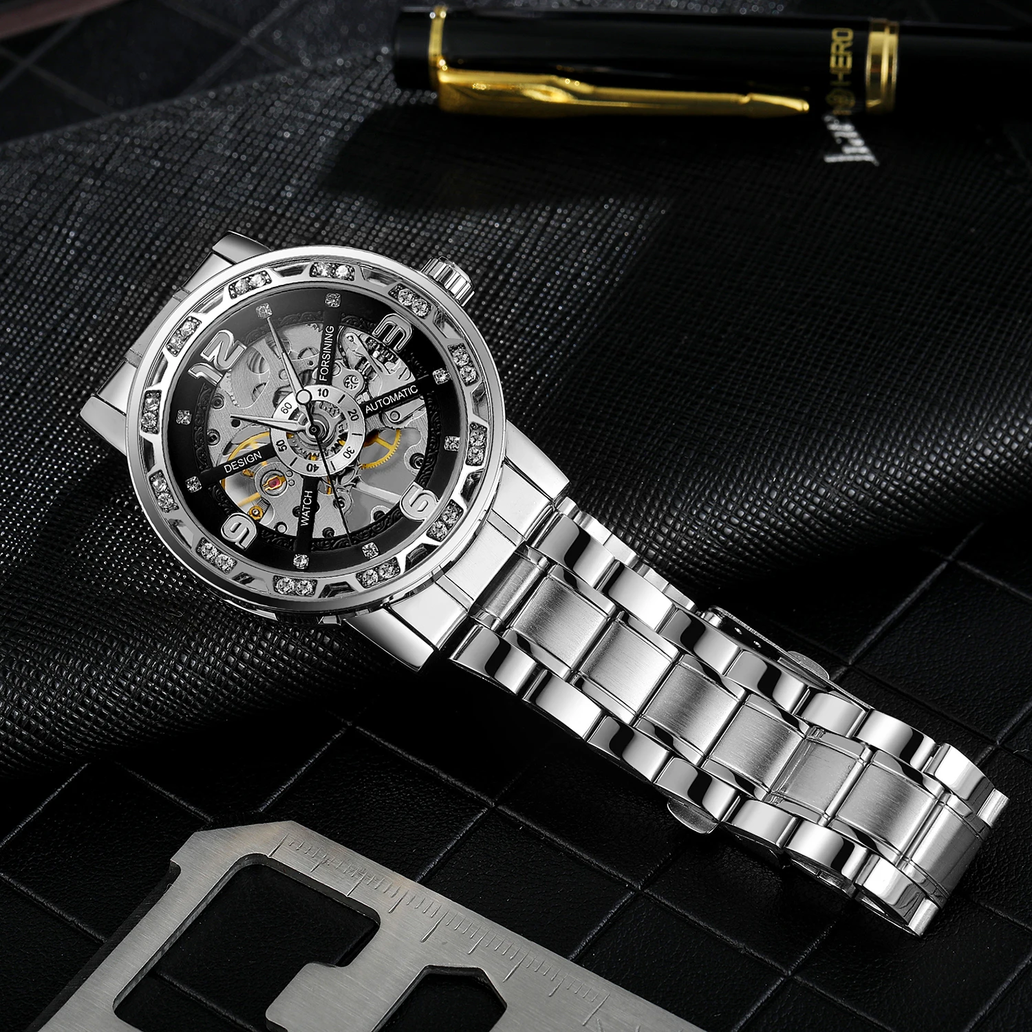 FORSINING Klassische Business Herrenuhren Skeleton Mechanische Strass Leuchtzeiger Stahl Luxus Gravur Mann Armbanduhren