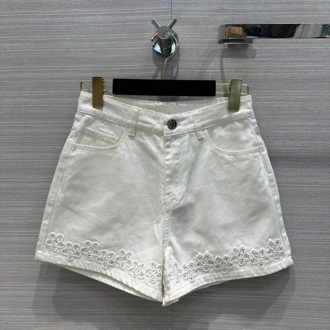 2024 New Fashion Summer Denim Shorts Women Solid Color High Waist Embroidery Hollow Out Flower Pattern Sweet Shorts