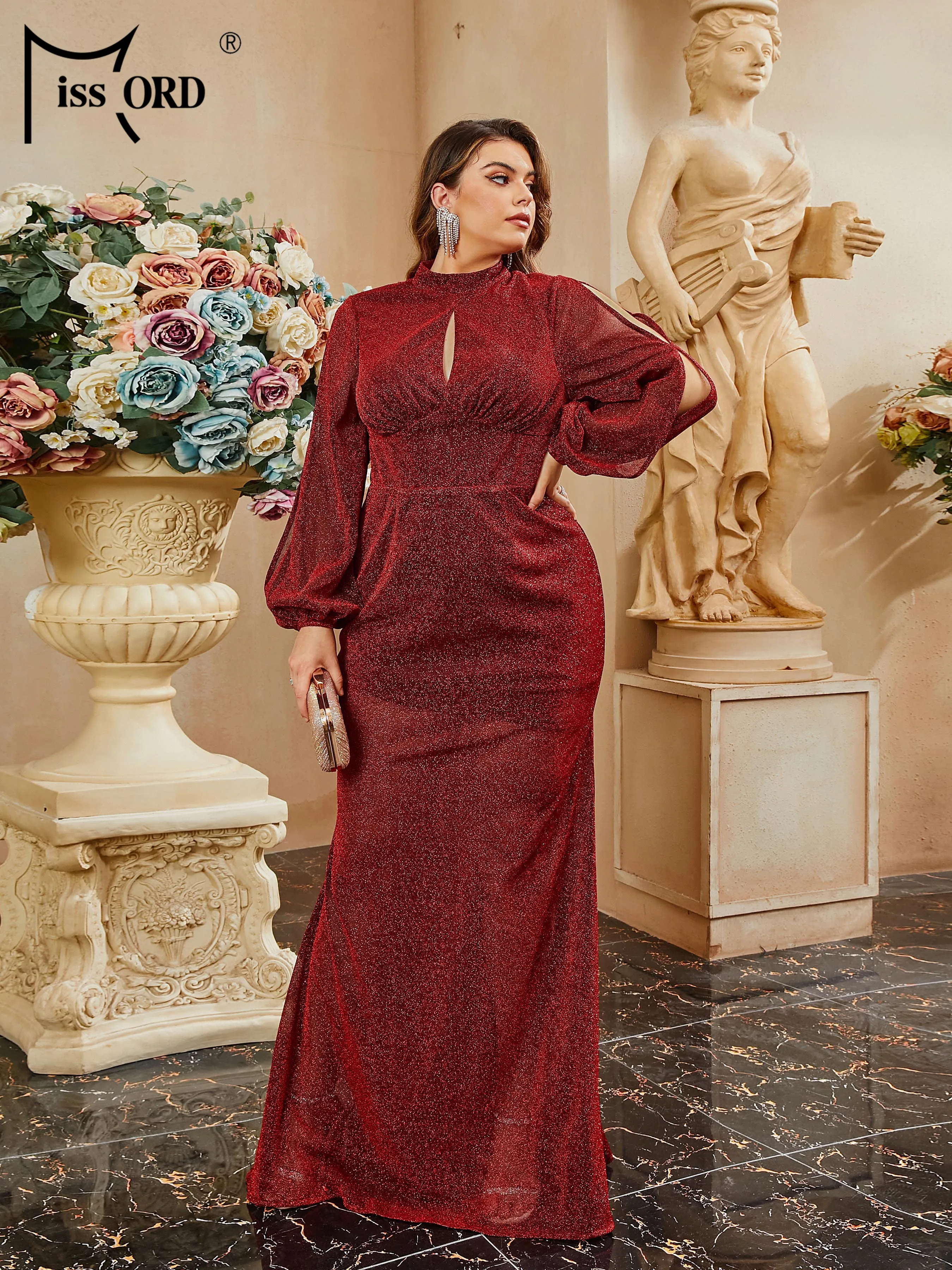 Missord-Robe de soirée sirène bordeaux, grande taille, col rond découpé, robe de Rh