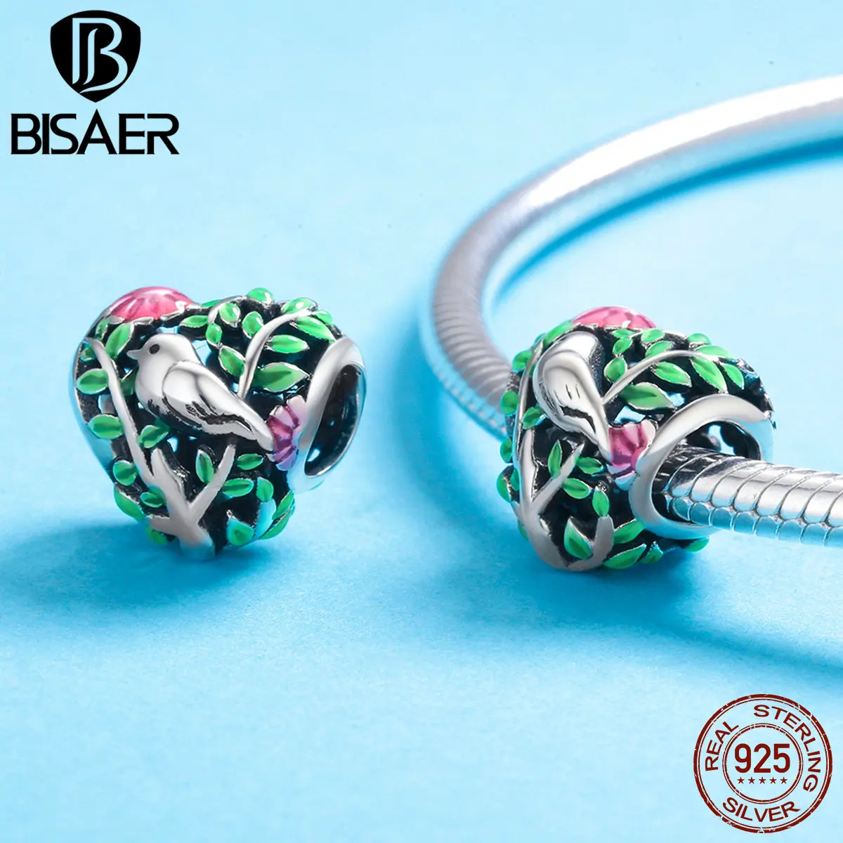 BISAER 925 Sterling Silver Flower Bird Series Charm Bee Bead Sunflower Garden Pendant For Women Bracelets DIY Fine Jewelry Gift image 4