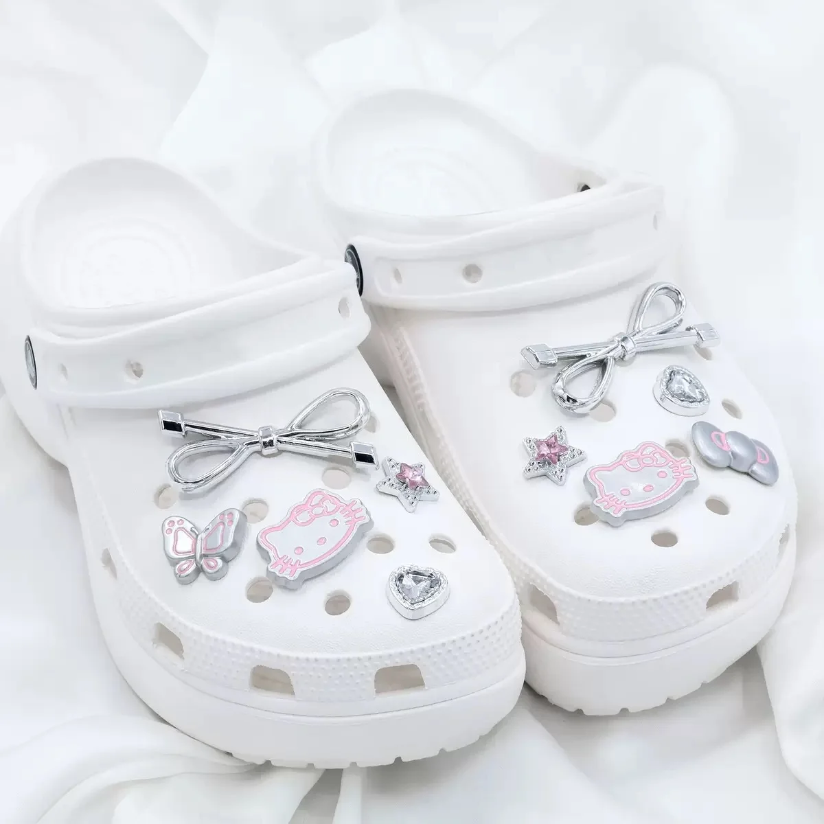Silvery Hello Kitty Set Girls Women Shoe Charms DIY Hole Shoes Detachable Buckle Garden Shoes Accessories Festival Gift