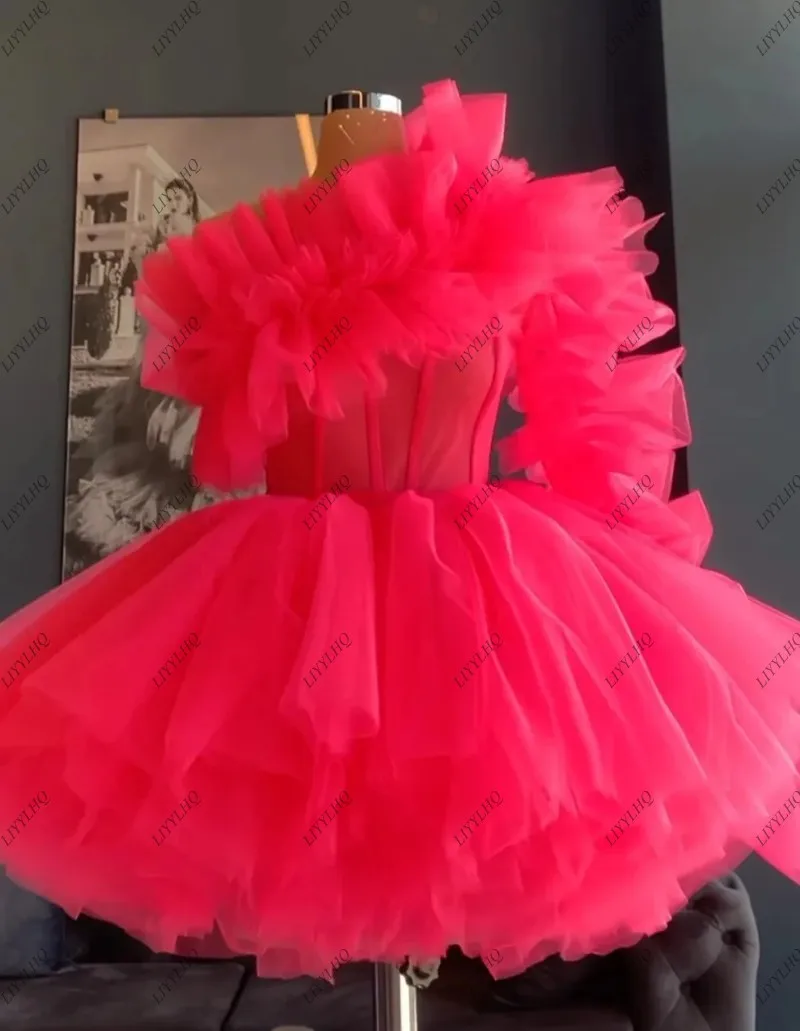 LIYYLHQ Fuchsia Cocktail Dresses A-line Short Tutu Women Dresses Birthday Party One Shoulder Ruffles Mini Tulle Event Gowns New