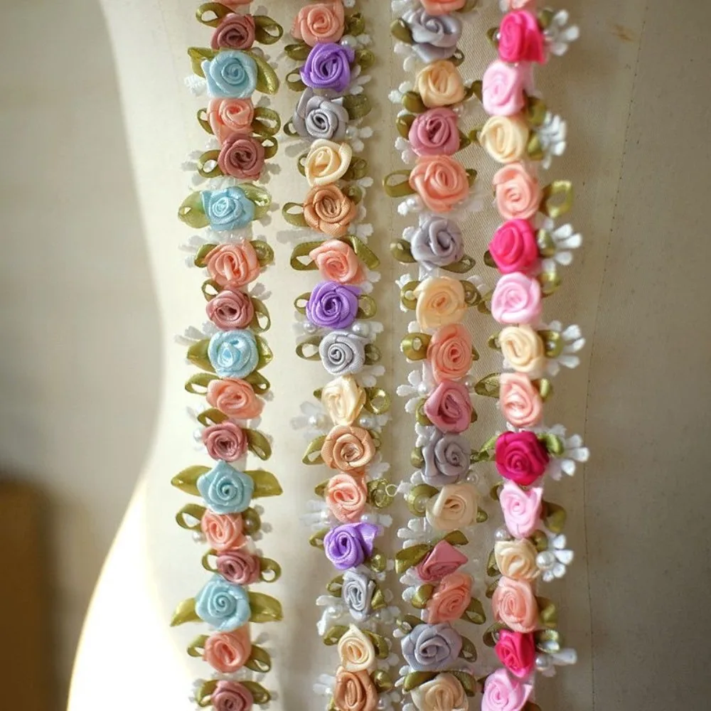 1Yard 2.5CM Wide Embroidery Rose Flower Beaded Lace Ribbon for Fringe Trim Braid Decor Crafts Applique Collar Sewing Materials