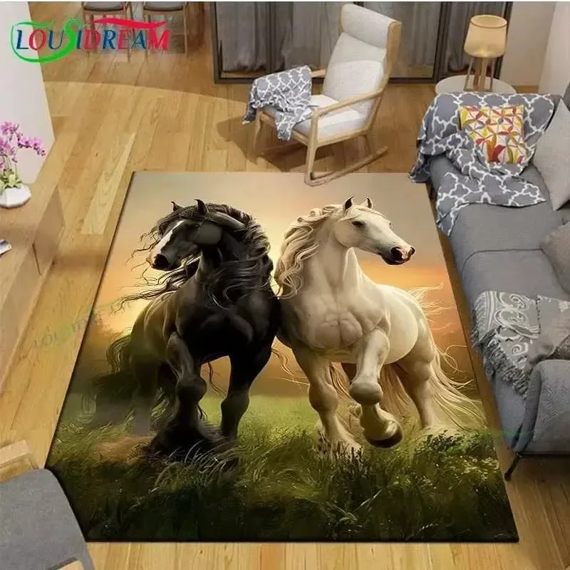 Realistic Running Horse Print Flannel Area Rug, Non-slip Soft Floor Mat for Living Room Bedroom Home Decor