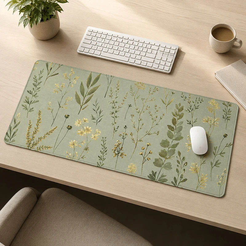 Mouse Pad Green Botanical Wildflowers Gaming XL Large Custom Mousepad XXL Natural Rubber Non-Slip Carpet Desktop Mouse Pad