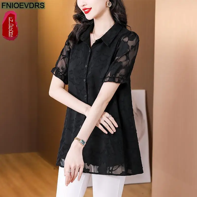 M-5XL 2023 Women Summer Short Sleeve Elegant Office Lady Work Button Shirt Casual Tunic Black Lace Tops And Blouses