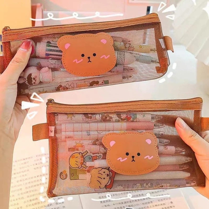 Cute Cartoon Bear Pencil Case Transparent Mesh Pen Bag High-capacity Stationery Storage Pouch Office School Supplies Gifts image 2