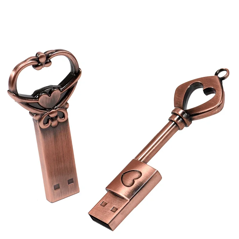 Metal Love Heart Key USB 2.0 Flash Drive Creative Gifts Pen Drive Real Capacity Memory Stick 64GB/32GB/16GB/8GB U Disk