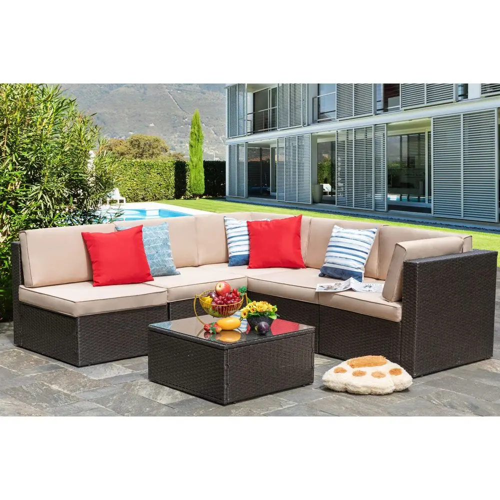 

6 Piece Patio Furniture Set, Small Outdoor Sectional Sofa Couch, All Weather PE Wicker LShaped Corner Patio Sofa Garden Backyar