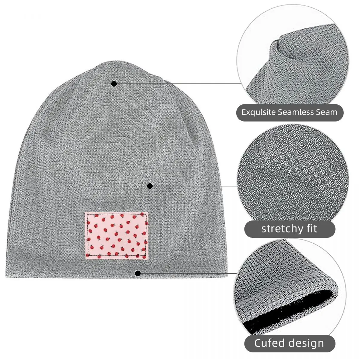 Cute Ladybug Pattern On Pink Background Waffle Knit Fleece Lined Beanie with PU Leather Patch Unisex Warm Winter Soft Cap