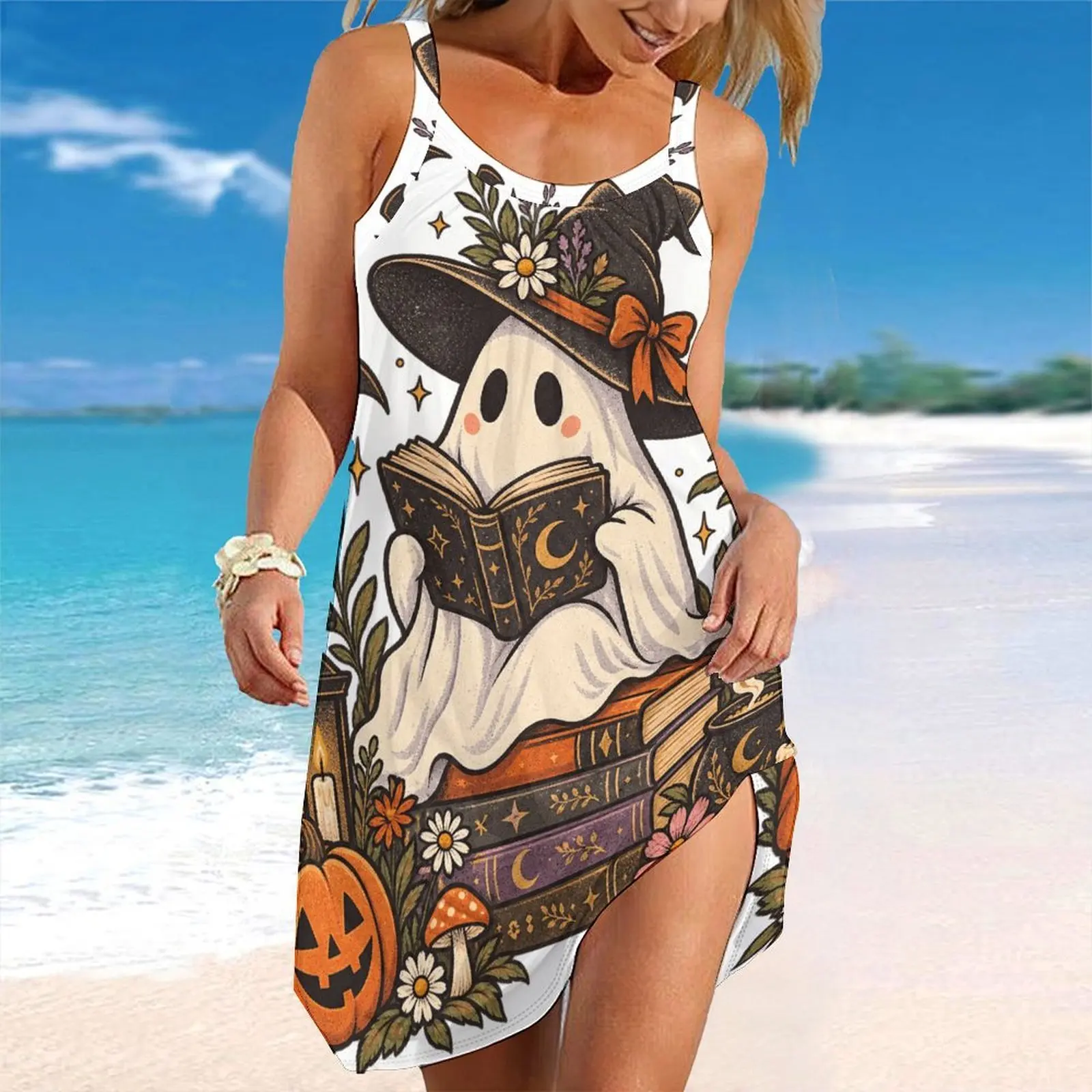 Women Spaghetti Strap Beach Dress V Neck Pleated Loose Mini Dress Custom Print Ladies Vacation Cover Up Dress