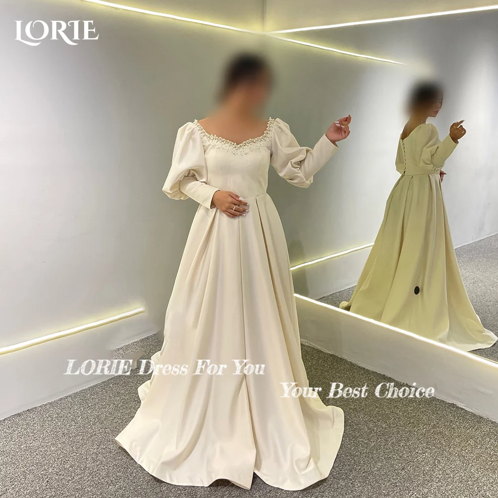 LORIE-vestido de novia musulmán con mangas abullonadas brillantes, vestido de novia de satén personalizado, corte en A, largo hasta el suelo, vestido de novia con botones, vestido saudí de Dubái