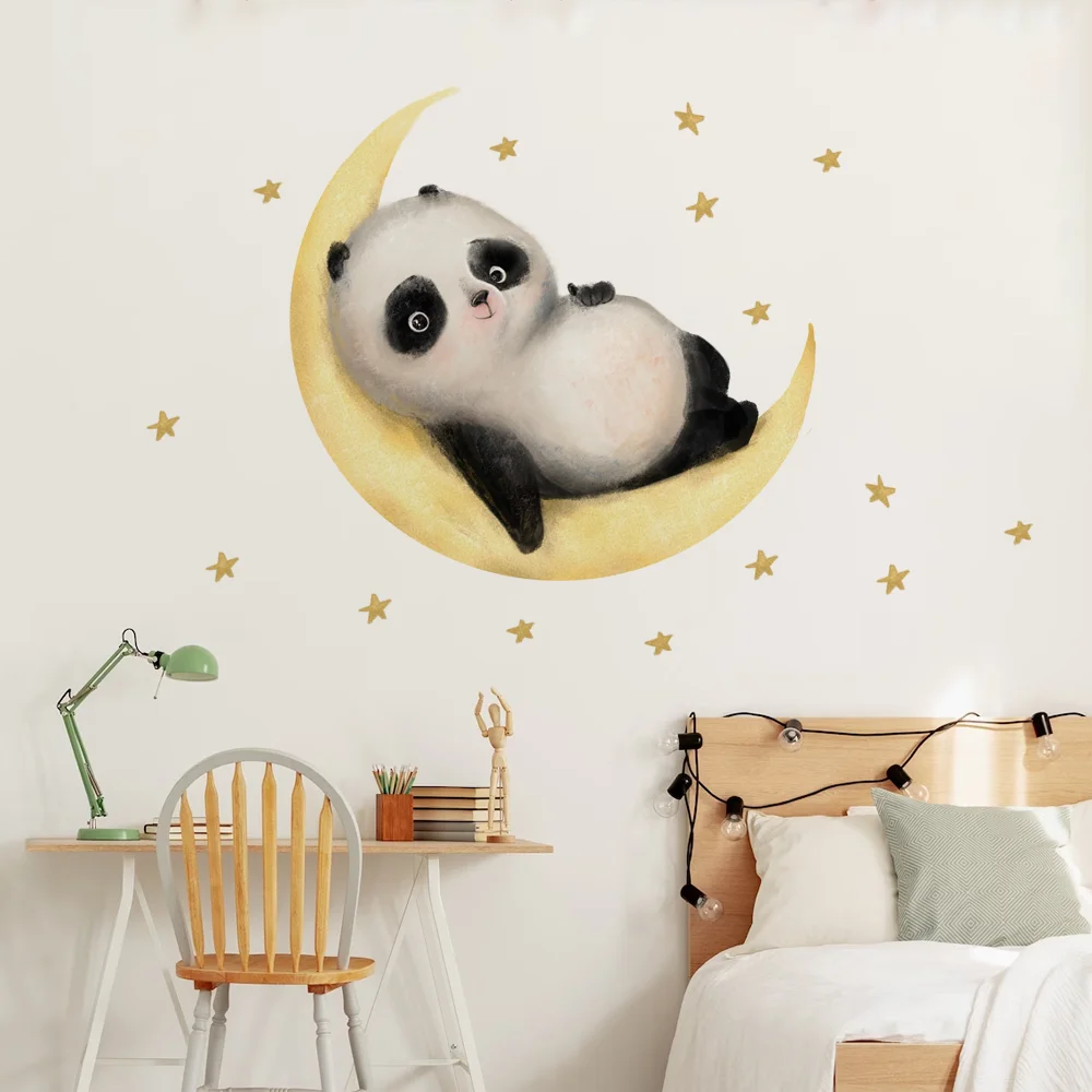 Hand-paint Cartoon Cute Panda Sleeping on the Gold Moon Stars Wall Stickers for Kids Room Baby Nursery Room Wall Decals Murals