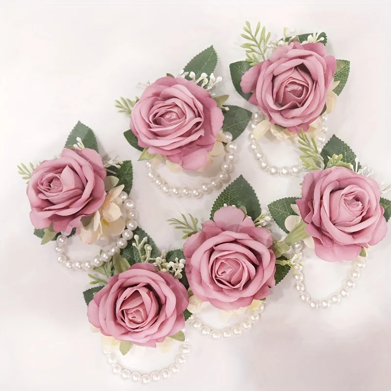6-delige elegante Boheemse roos pols corsage en broche set - roze bloemenontwerp met witte en groene accenten, perfect voor bruiloften