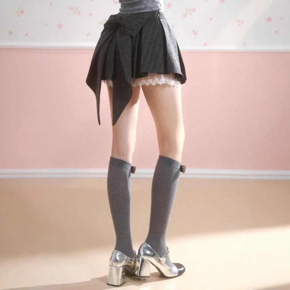 2024 New Gray Pleated Y2k Mini Skirt Women Summer Lace Patchwork Bow Fashion Skirt Lolita Style Striped Dot Print Cutecore Skirt