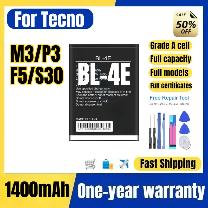 BL-4E for Tecno M3/P3/F5/S30 Mobile Phone Battery High Quality High Capacity Battery Replacement Bateria Grade A Cell with Tools
