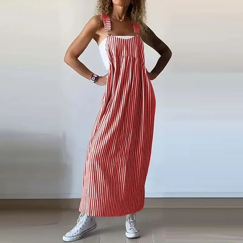 Summer Fashion Streetwear Suspenders Dress for Women New Casual Striped Printing Sleeveless Commuter Loose Waist Party Dresses