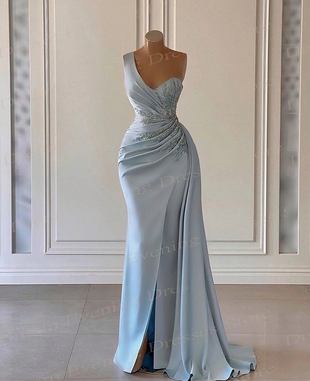 Generous Blue Mermaid Evening Dresses Elegant Stain One-Shoulder Appliques Prom Gowns Sleeveless Customized Vestidos De Noche