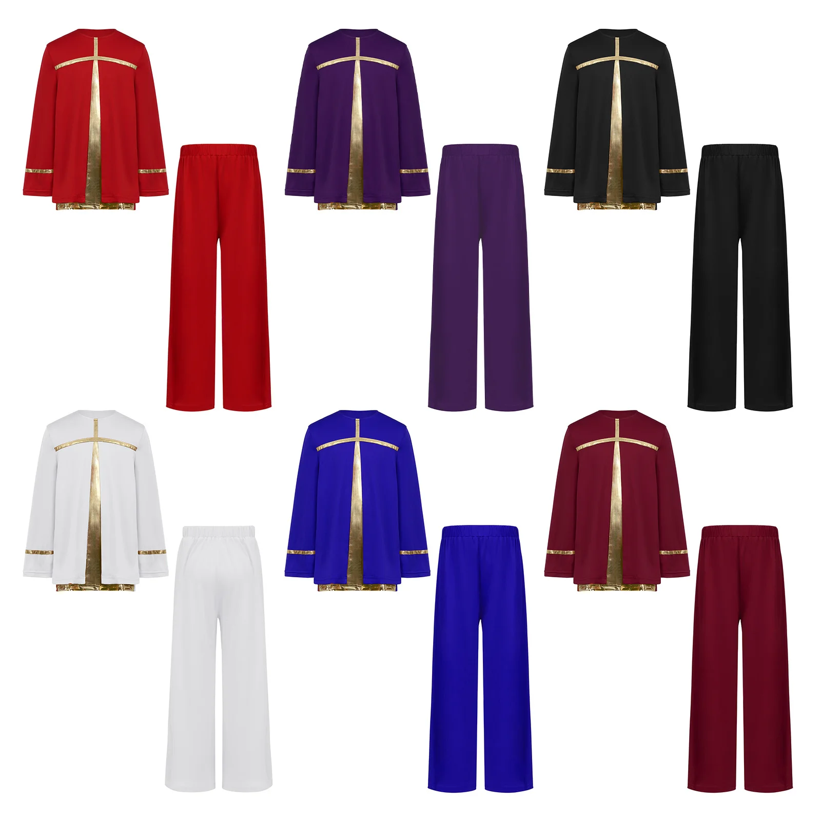 Kinderen Jongens Liturgische Lof Dans Outfit Aanbidding Ballroom Dans Slijtage Lange Mouw Metallic Kleurblok Shirts met Wijde Pijpen Broek
