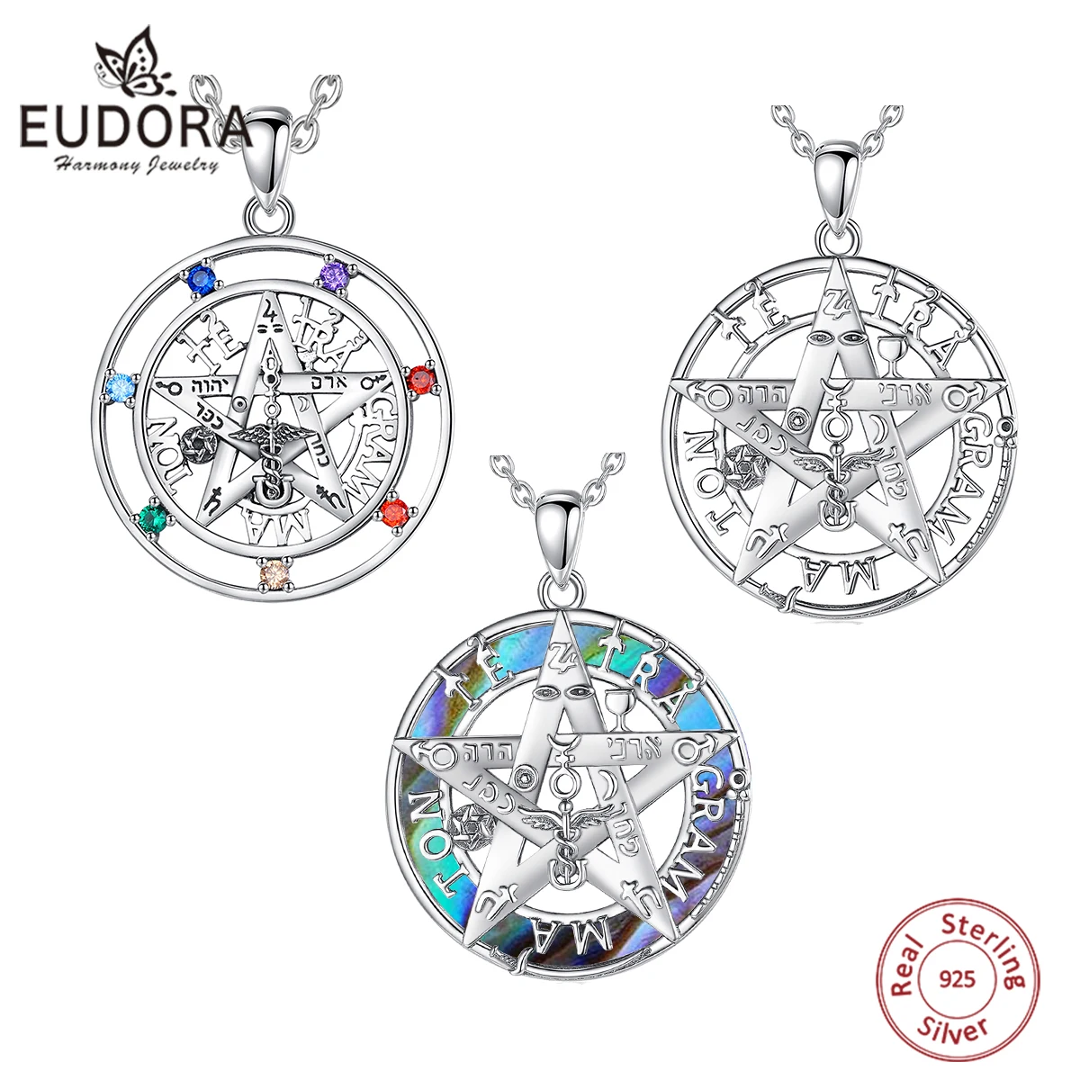 EUDORA-collar de pentagrama de Plata de Ley 925 para mujer y hombre, amuleto, 7 colores, Chakra, guardián, estrella, tetracammaton, colgante, joyería