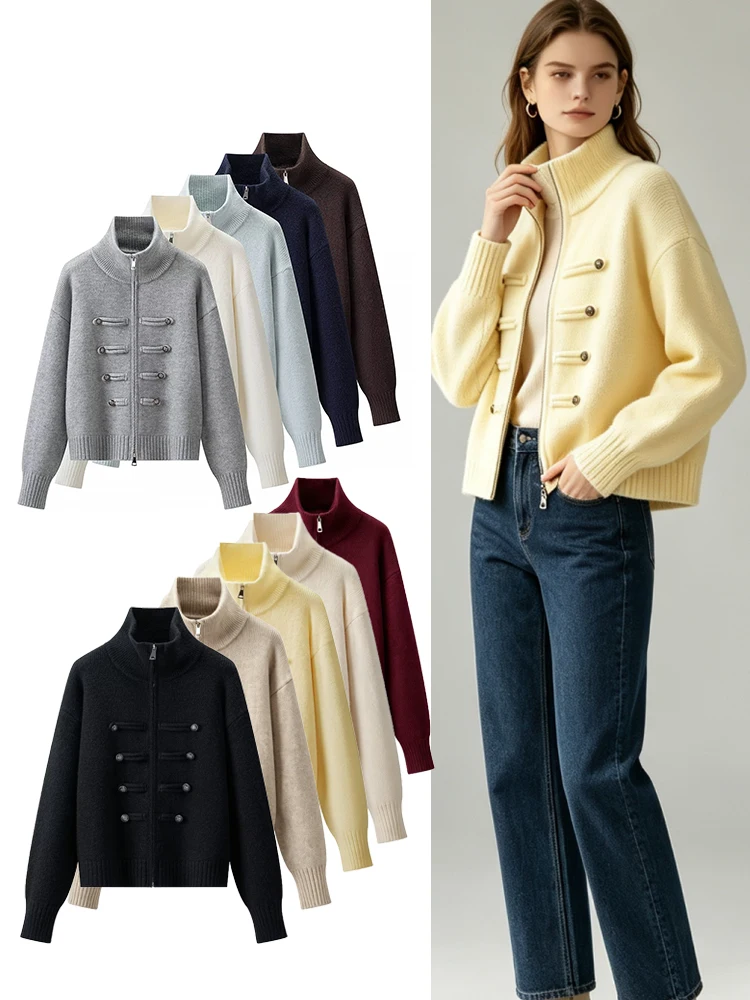 TFMLN New Women Turtleneck Knitted Cardigan Autumn and Winter Fashion Solid Loose Button Decor Sweater Jacket Thickened Tops