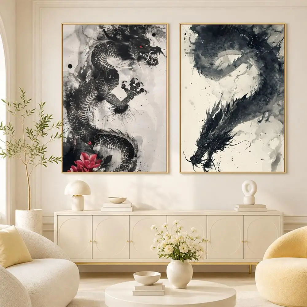 Asian Ink Style Dragon Shadow Waves Art Poster Room Home Decoration Interior Wall Art Printing Garage Posters Gift