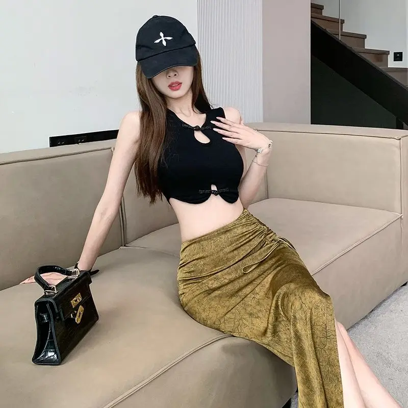 Solidna damska linia A Casual Female High Waist Y2K Sweet Korean Streetwear Clothing Black Chic Vintage All Match Shirring Skirts