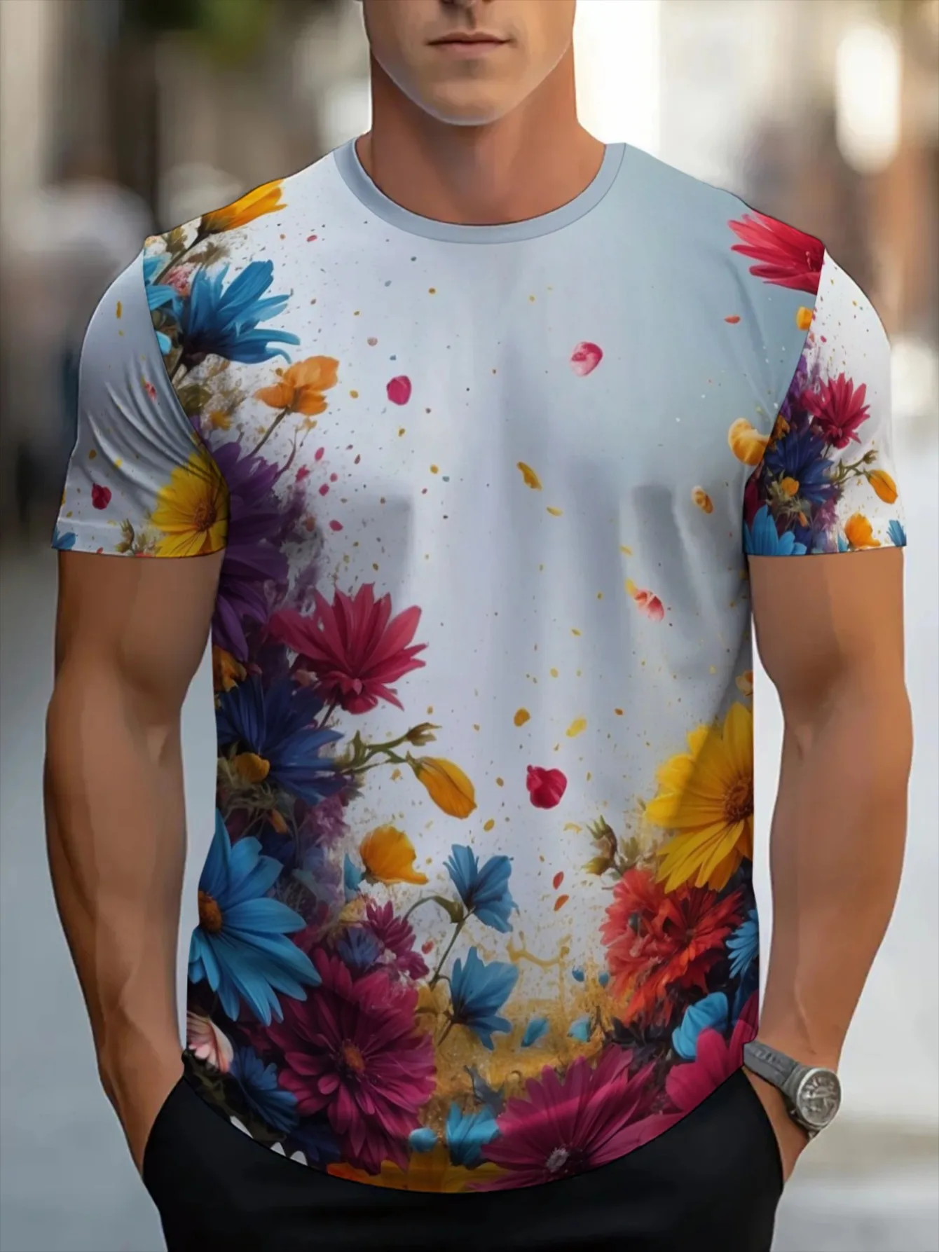 Men Light White Background Colorful Watercolor Daisy Floral 3D Print Crew Neck T Shirt Summer Short Sleeve Casual Tee