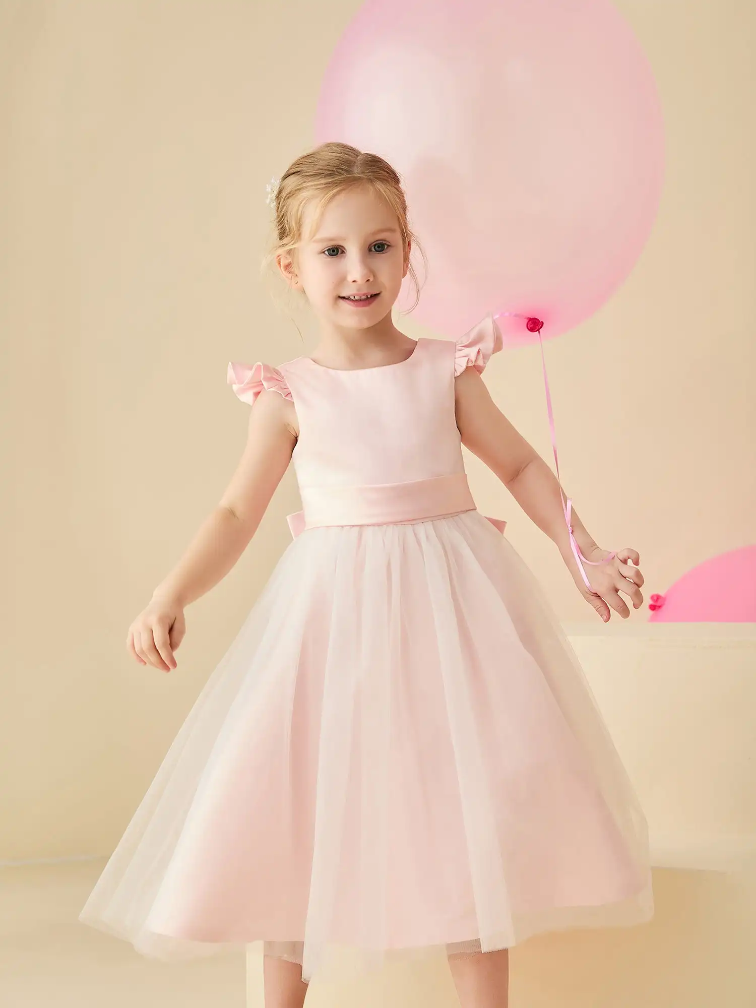 Vestido Flower Girl com Cap Sleeves, A-Line, Decote da colher, Cap Sleeve, Tule, Cetim, Casamento, Crianças, Aniversário, Chá-Length Party Gowns