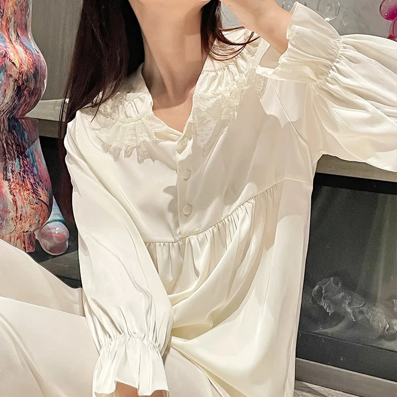 Sweet Cute Sleepwear Pijamas Suit Spring Autumn Women Pajamas Two Piece Set White Long Sleeve Trouser Suit Loose Home Wear