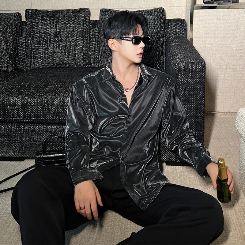 IEFB Men Casual Shirt Trendy Liquid Versatile Shiny Design Fashion Loose Long Sleeve Top Korean Style Personality Clothing 9C584