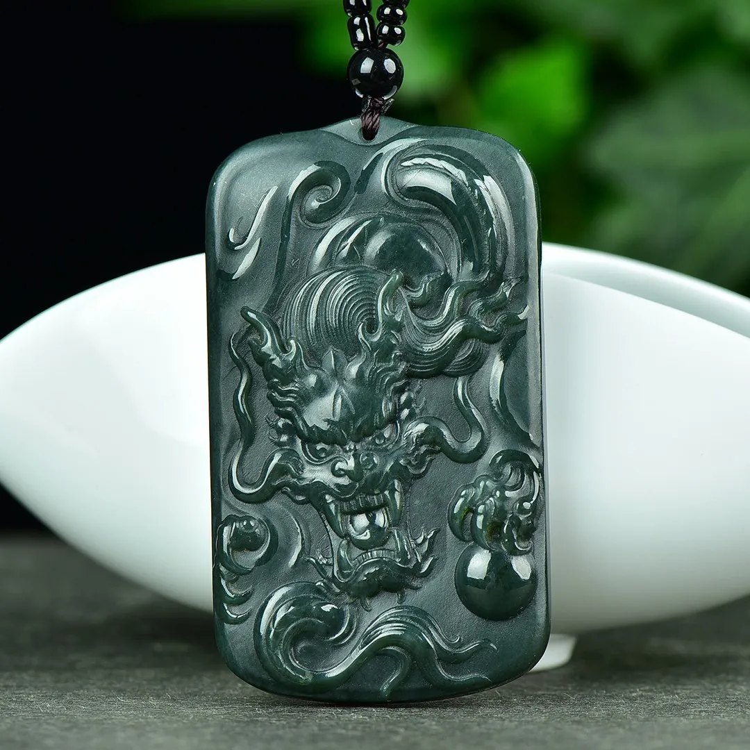 37*65mm Natural Green Jade Dragon Pendant Necklace Men Women Fengshui Charm Nephrite Hetian Jades Dragon Sweater Chain Necklaces