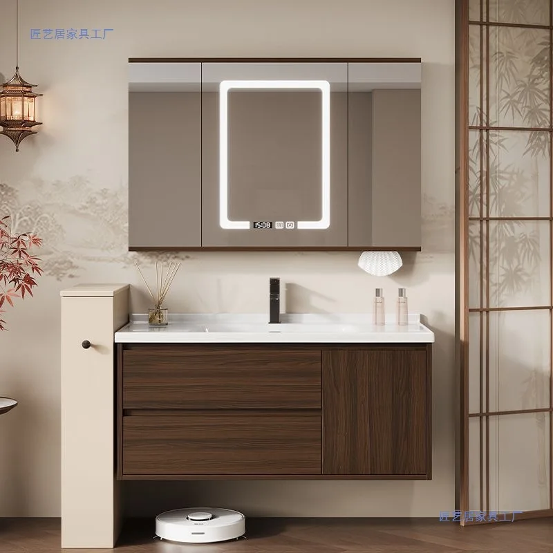 Walnut hidden folding feng shui mirror ceramic integrated bathroom bathroom cabinet wash basin wash combination