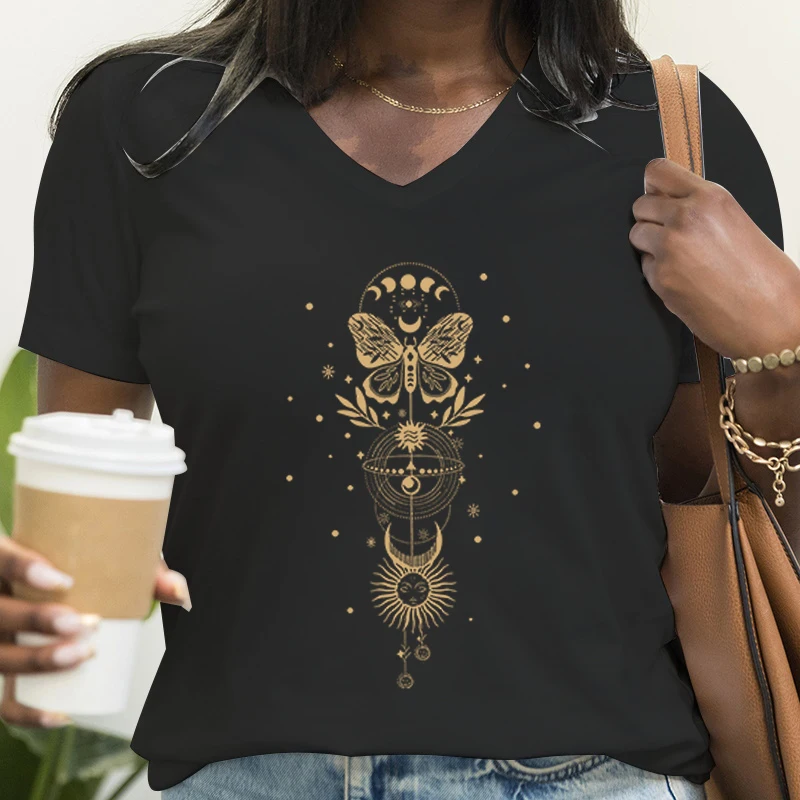 Butterfly Sun And Moon Print Tee Shirts For Women Summer Soft Fashion Print Tee Shirt Casual Short Sleeve V-Neck Tops Tee Shirts