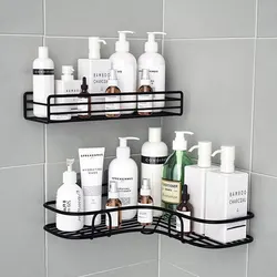 Estante de ducha para baño, estante de almacenamiento de champú, esquina de especias de cocina, sin perforaciones, estante montado en la pared, accesorios de baño