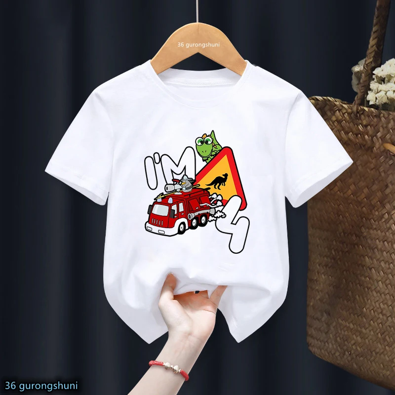 Funny Fire Truck Fire Engine I Am 2 3 4 Number T Shirt Happy Birthday Gift Boys Girls Tshirt Party Gift Kids Clothes Tops