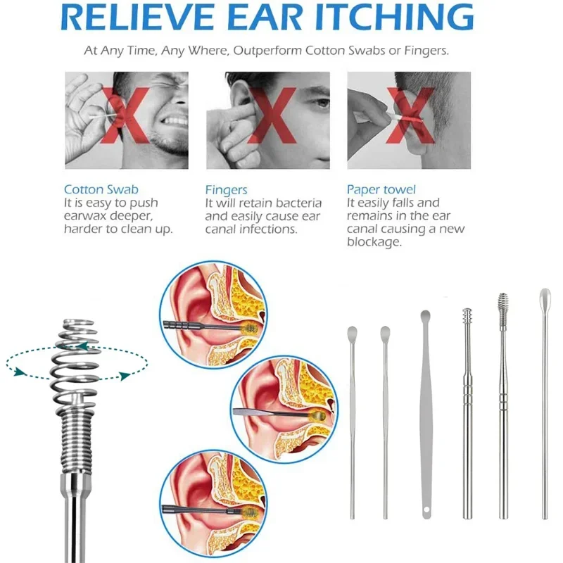 ملعقة منظف للأذن من الفولاذ المقاوم للصدأ ، أداة تنظيف للعناية بالأذن ، عدة إزالة شمع الأذن ، مزيل الفاكس ، الصحة ، 1 من من من الفولاذ المقاوم للصدأ ، 6 من ، 8 من.
