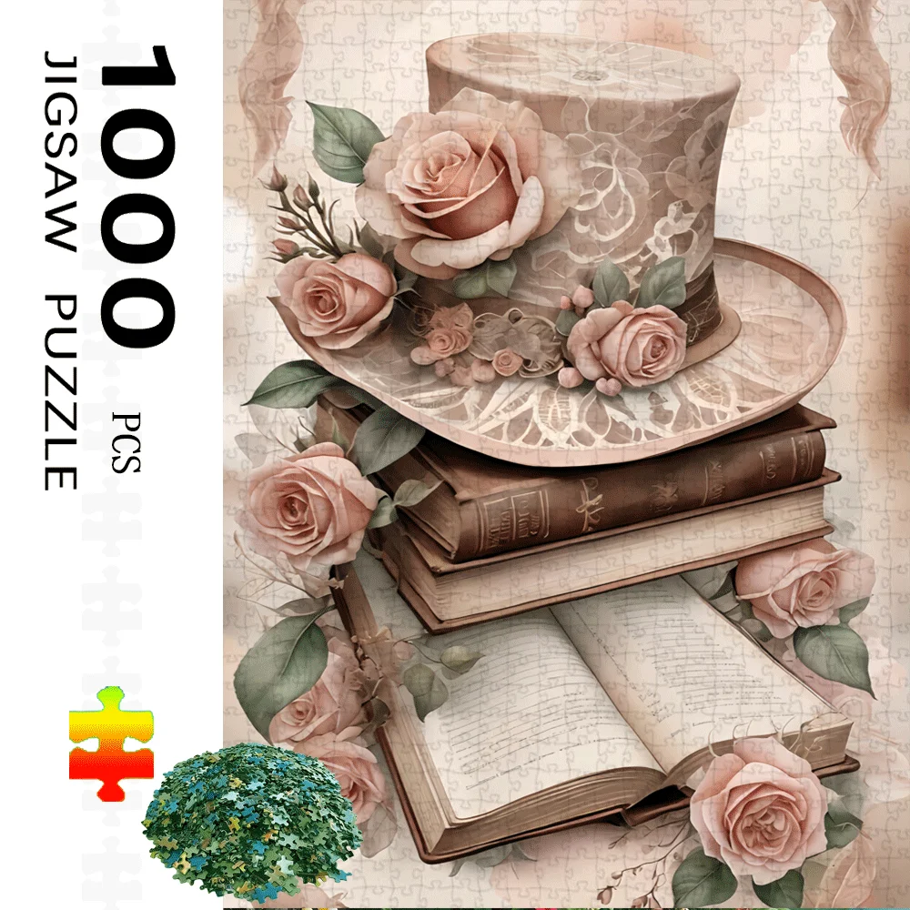 Puzzle 1000 elementów: Kapelusz z wiktoriańską koronką i róża - wzór w stylu vintage z miękkimi pastelowymi kolorami (beżowy, różowy, brązowy)