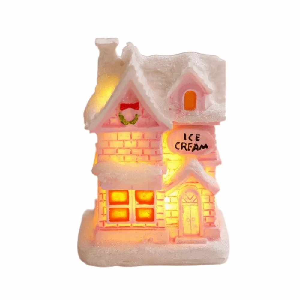 

Resin Christmas Glowing Small House Luminous Pink LED Light Snow House Warm Light Elegant Christmas House Ornament