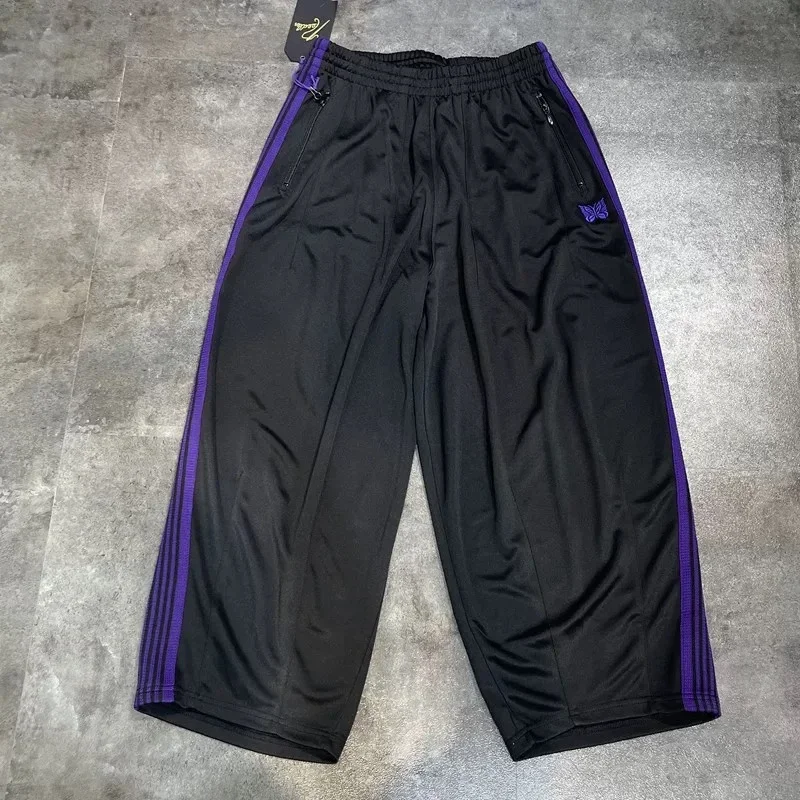 25ss Butterfly Embroidery AWGE Purple Striped Wide Leg Pants 1:1 Oversize Casual Nee dles Black Pants With Tags