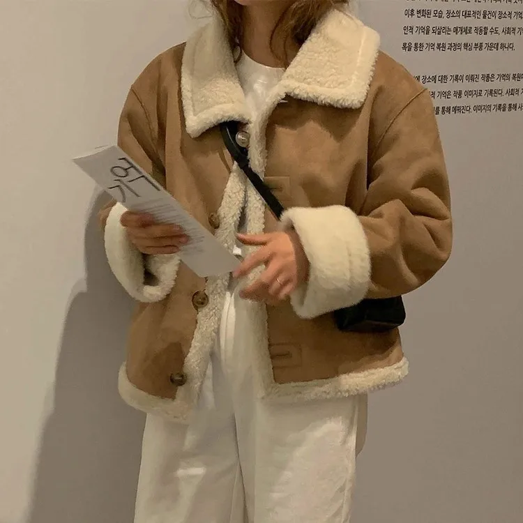 Cappotto ort retrò autunno inverno Pelliccia calda Colletto in pelle Bottone singolo Versatile Jaet in fibra di poliestere da donna