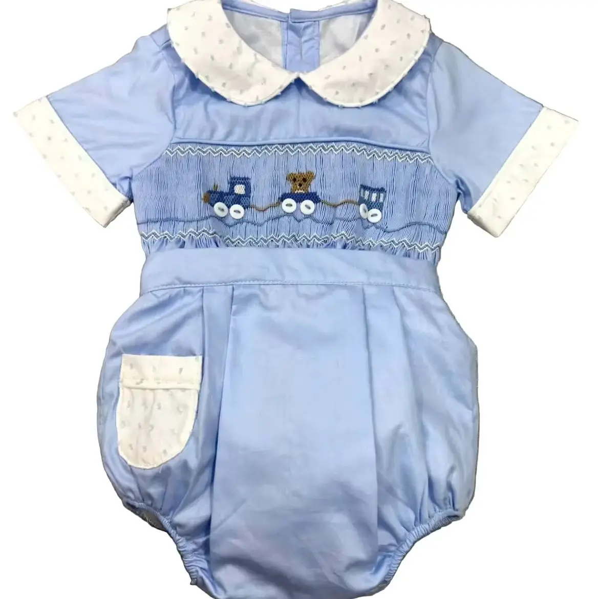 Summer Baby Boy Hand Smocked Train Bear Embroidery Light Blue Outfit Suit for Birthday Party Photography A444
